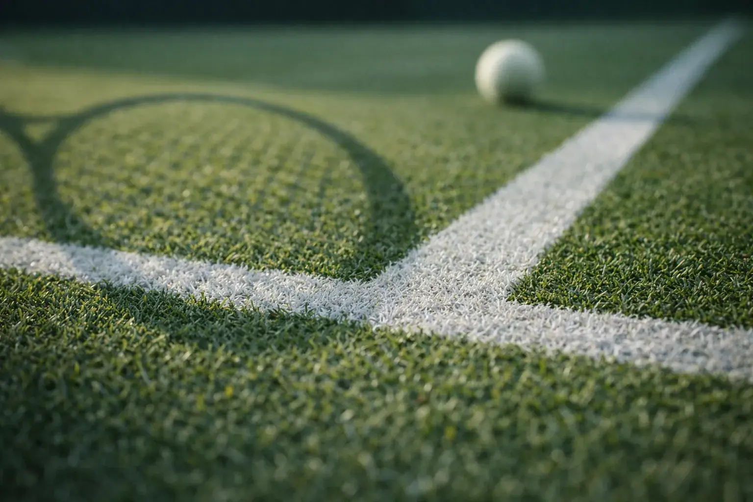 Detalle de la hierba recién cortada de una pista de Wimbledon con la línea blanca de fondo y sombra de raqueta de tenis