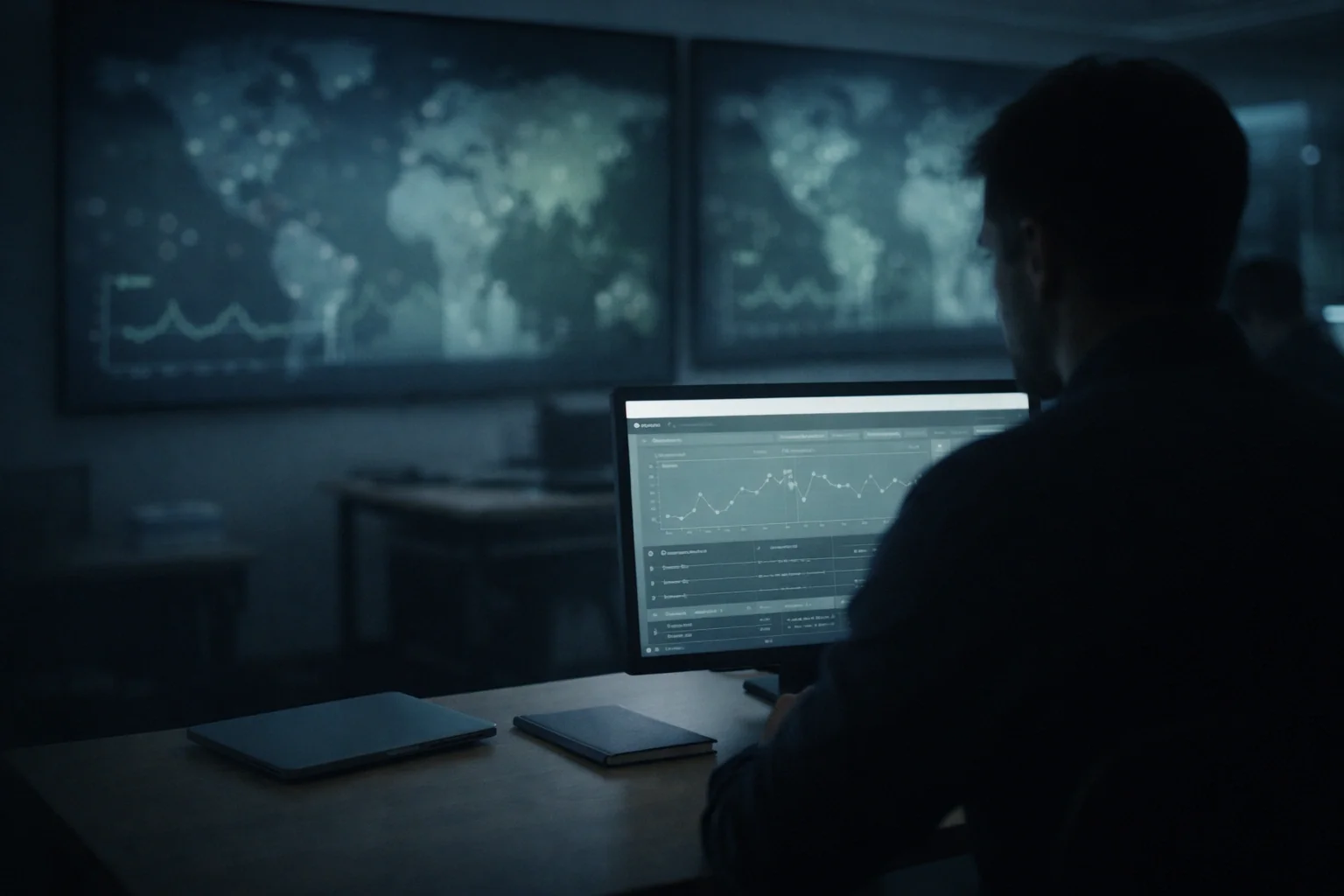 Pantalla de centro de operaciones con mapa mundial y gráficos de líneas en tonos oscuros dentro de una sala de monitorización deportiva