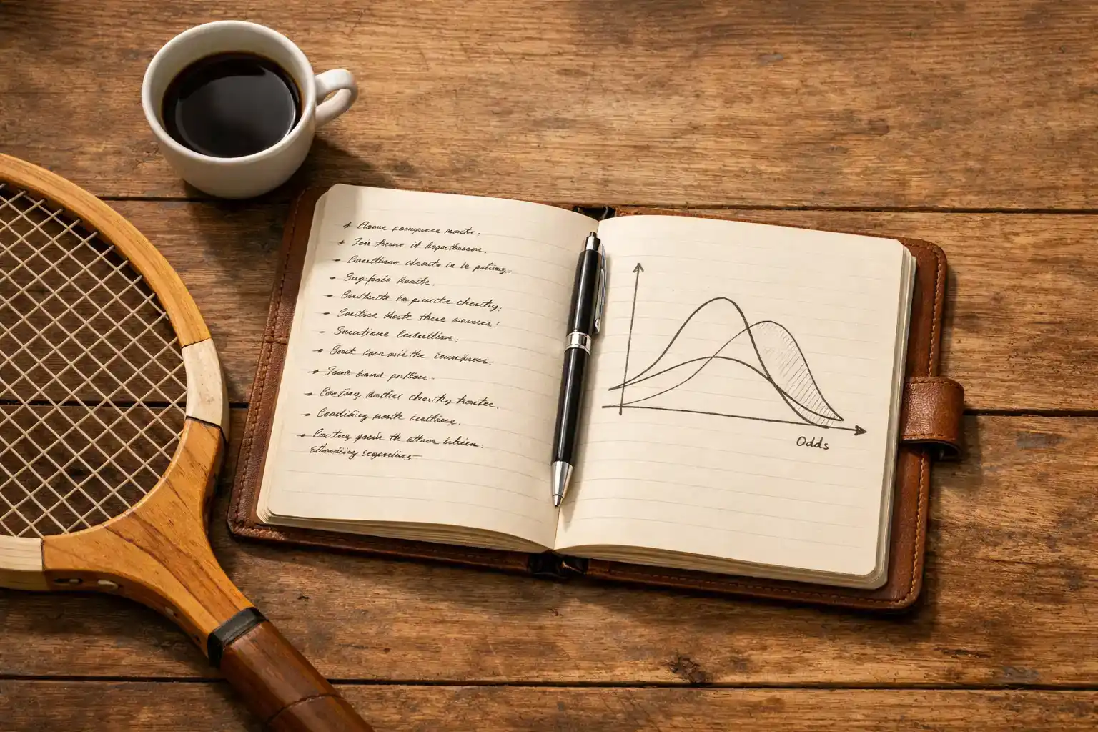Cuaderno abierto con anotaciones manuscritas y un gráfico sencillo sobre una mesa de madera junto a una raqueta de tenis